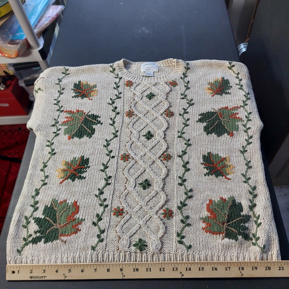 Christopher & Banks Vintage Hand Embroidered Fall Leaf Cable Knit Sweater Large - Picture 7 of 7